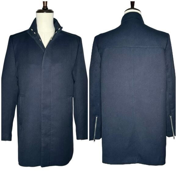 H&M | Men | Blue Heavy Twill Stand Up Collar Full Zip Mid Length Coat | Size 44R - Picture 1 of 14
